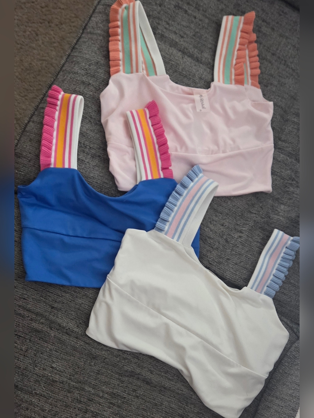 Altar'd State Revival set of Three Ruffle-Strap Crop Tops — Pink, Blue, White